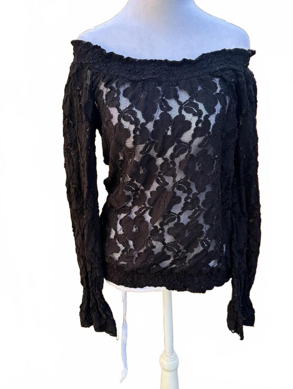 Whimsigoth Y2K Off-shoulder blouse Sheer lace Cuffed Flared Sleeves Sz S/M